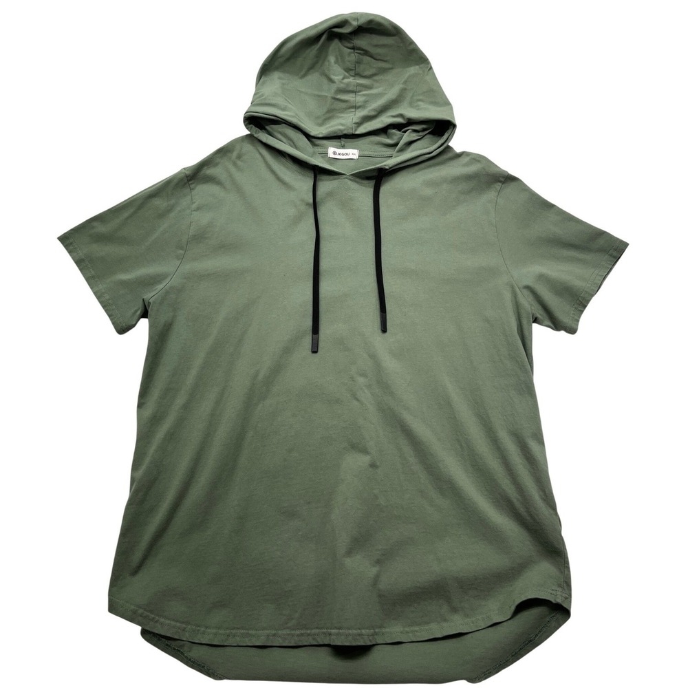 KLIEGOU Army Green Short‎ Sleeve Hoodie Tunic Top, rounded hem, hipster, XXL